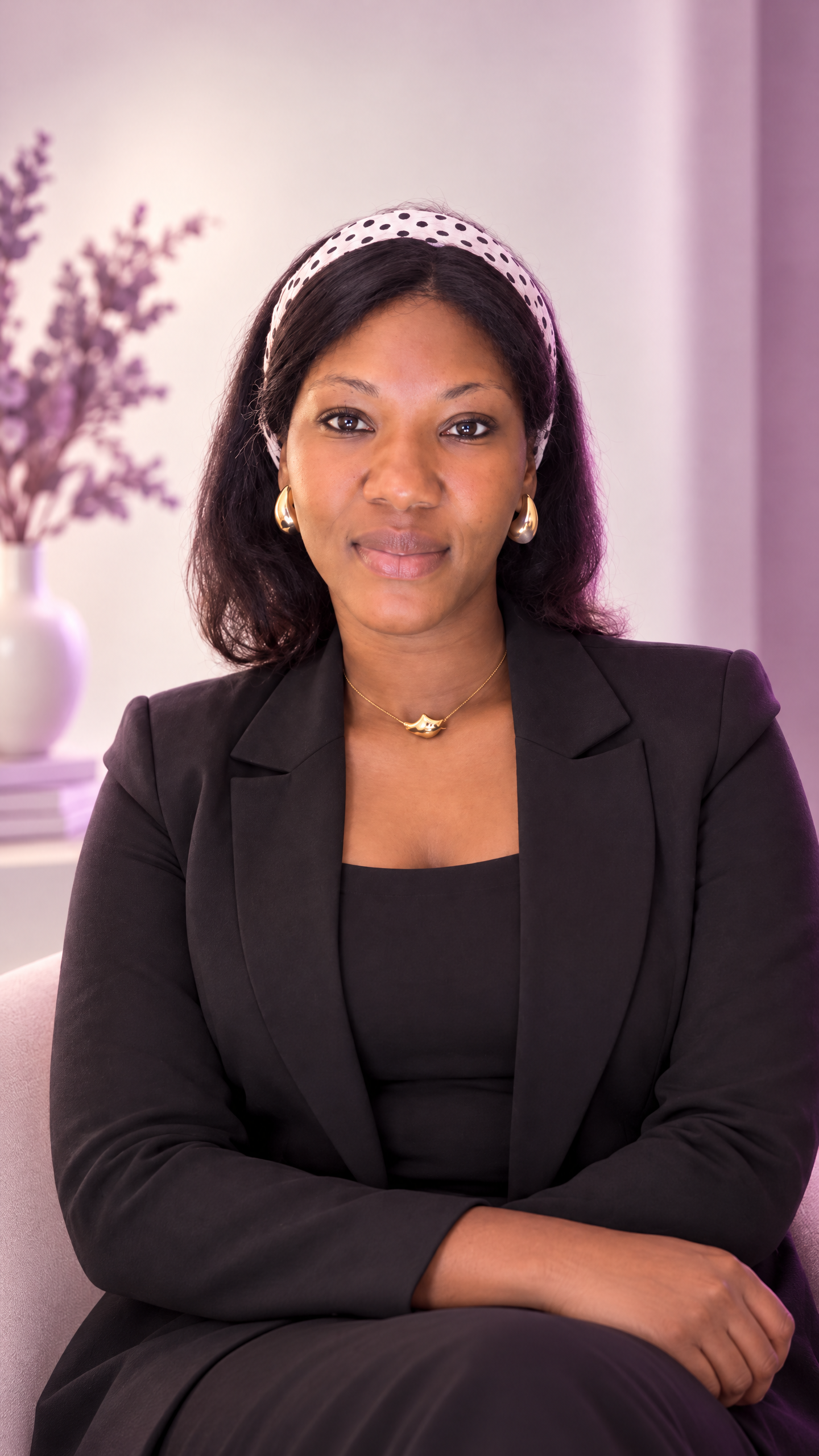 Portrait professionnel mauve et blanc d’Amy Gueye